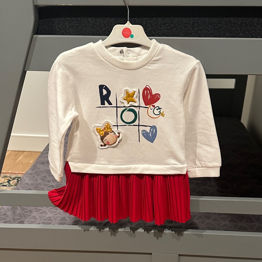 Mayoral White & Red Long-Sleeve Top with Pleated Red Skirt